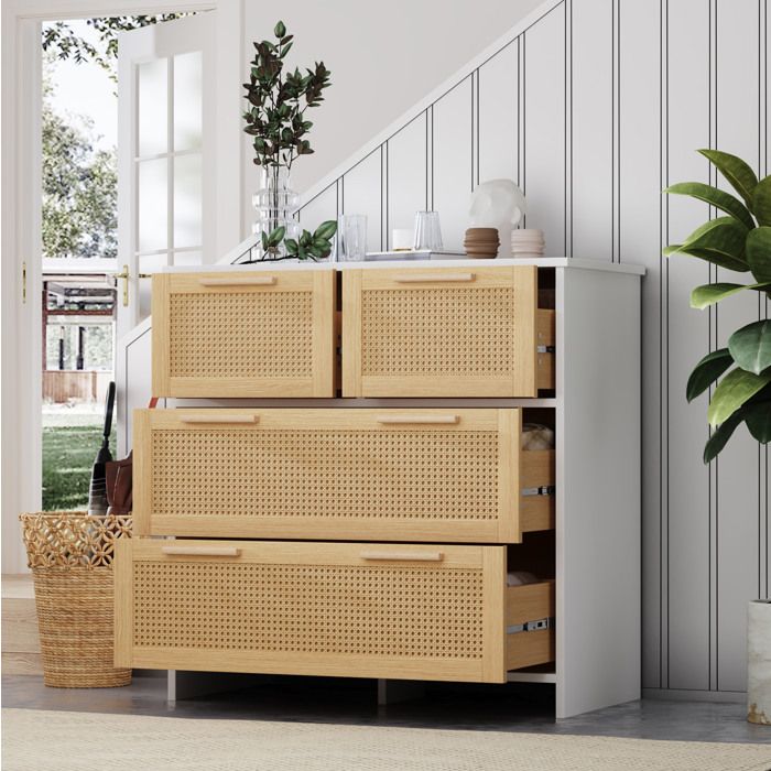 Maisentiel Commode 4 tiroirs en MDF façades en rotin blanc et naturel 80 x 38 x 80 cm