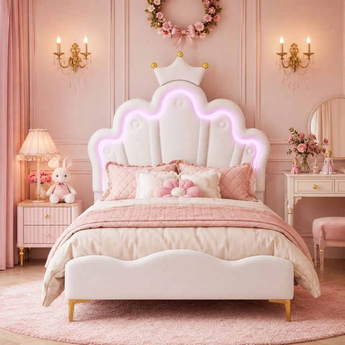 Lit enfant - LEWW - 90 x 200 cm - Couronne - Sommier à lattes en bois - PU Blanc