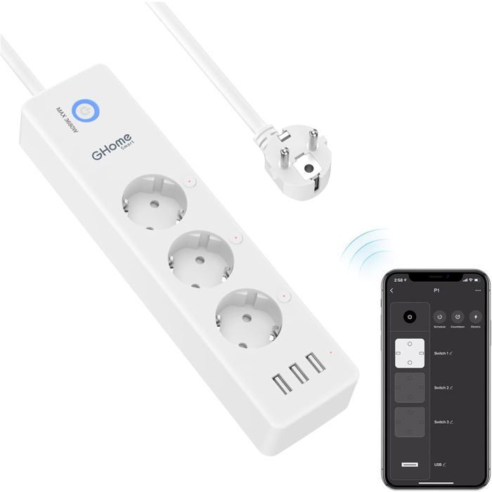 Multiprise Connectée WiFi Intelligente 3 Prises 16A et 3 USB Mesurer la Consommation électrique Compatible avec Alexa 1.5M