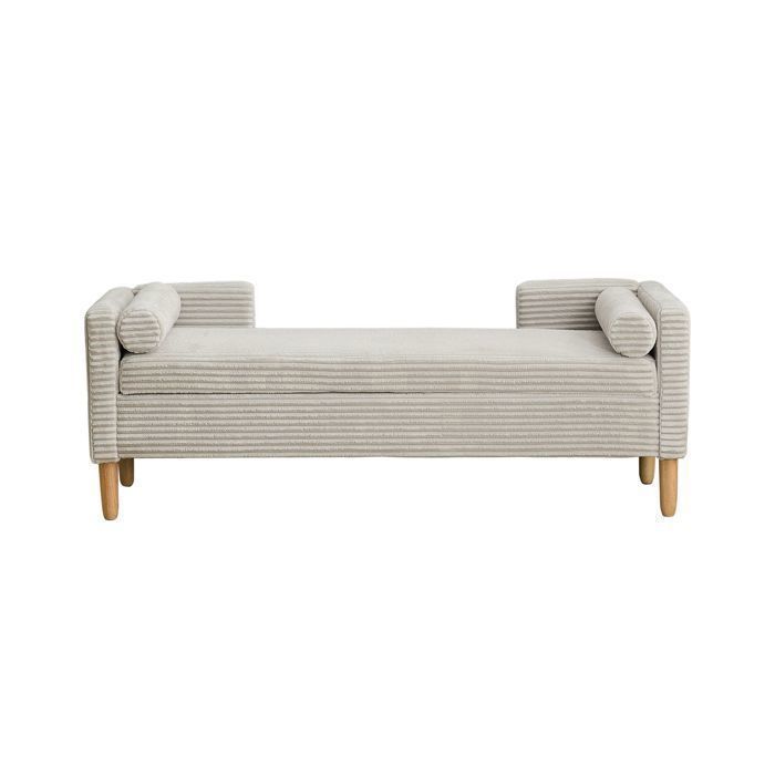 Banquette Coffre Scandinave en Velours Côtelé Gris - Banc de Rangement Rayé avec Structure en Bois Massif - 152x53.5x58cm