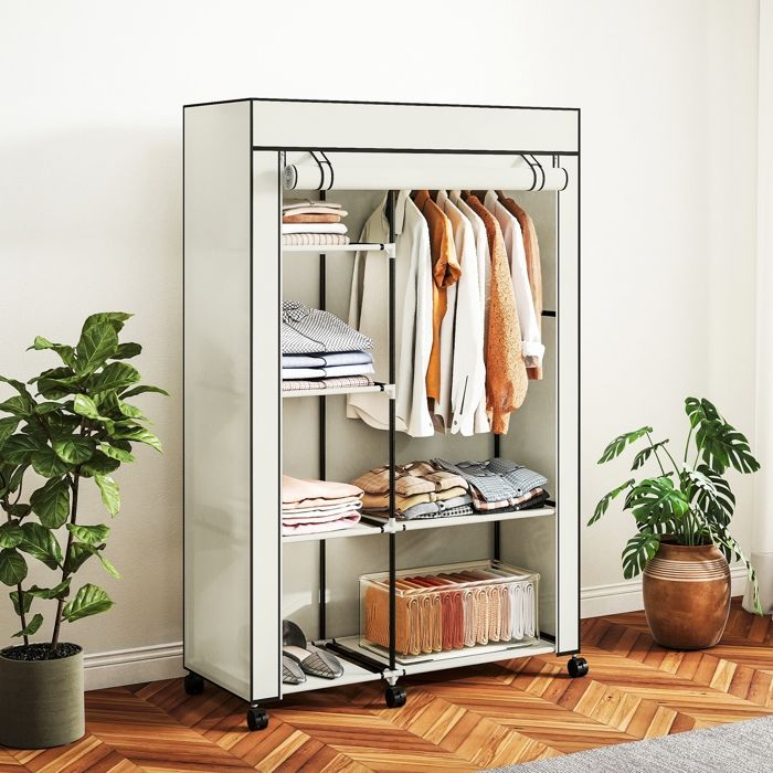 Armoire penderie en tissu meuble de rangement 6 roulettes tringle à vêtements et étagères ouvertes 103x43x1625cm crème