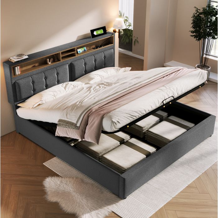 Lit coffre Lit double 140×200 cm tête de lit réglable USB Type-C prises intégrées et rangement sans matelas