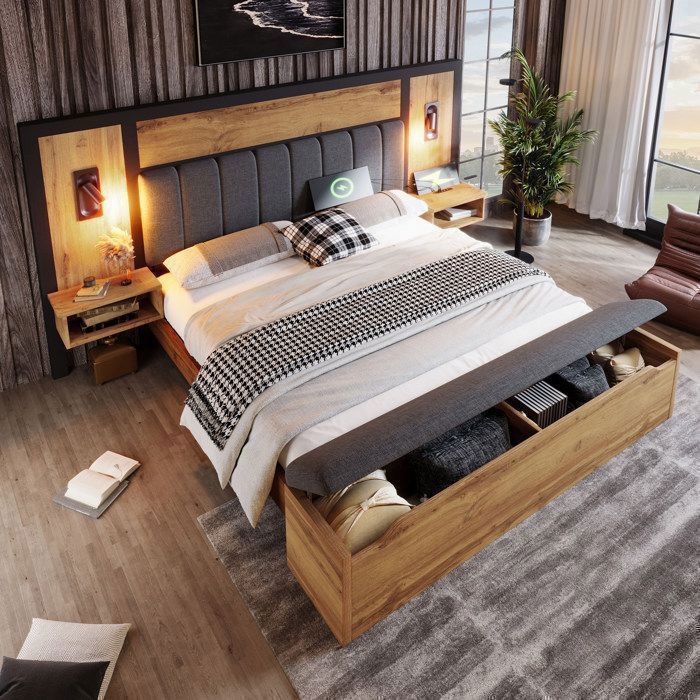 Lit adulte 160x200 cm en lin chêne avec tables de chevet banc de rangement lampes de lecture USB Type C