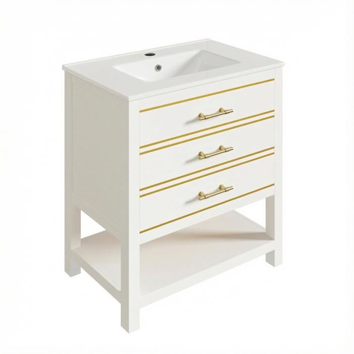 Meuble sous lavabo 76 cm - EVRYAE avec Vasque en Céramique 2 Tiroirs et Niche Ouverte - Blanc et Or