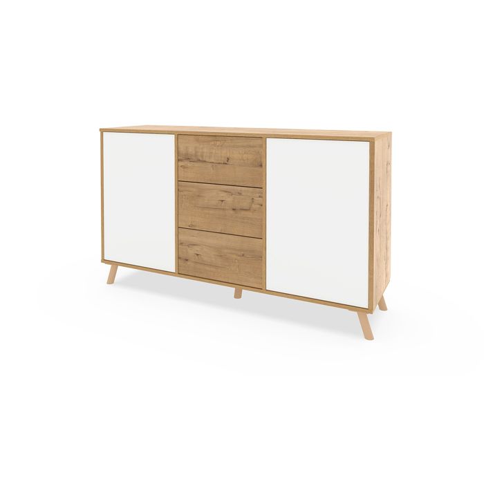 Commode meuble de rangement 2 portes et 3 tiroirs coloris Chêne doré/Blanc - Longueur 140 x Hauteur 89 x Profondeur 40 cm Commode meuble de rangement 2 portes et 3 tiroirs coloris Chêne doré/Blanc - Longueur 140 x Hauteur 89 x Profondeur 40 cm