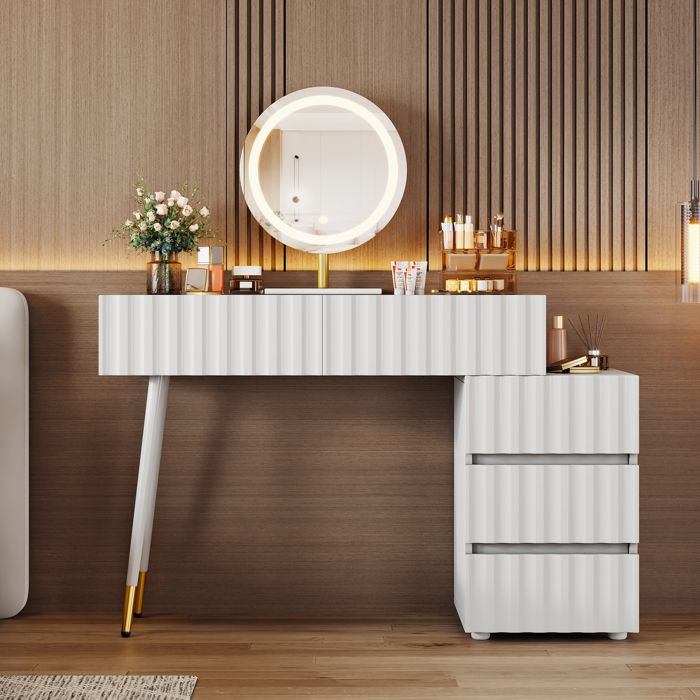 Coiffeuse 100x40 cm EVRYAE - avec miroir LED 3 couleurs 5 tiroirs et meuble latéral modulable - Blanc