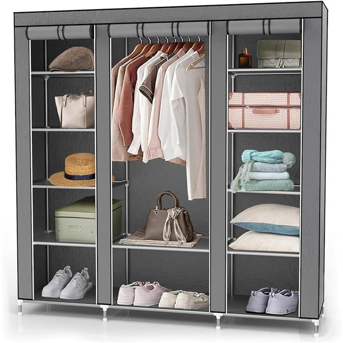 Armoire de Rangement Pliable 150x175x45 cm en Gris Cendre - Penderie Dressing Textile en Tissu Intissé avec Gris Ce PENDERIE SOUPLE