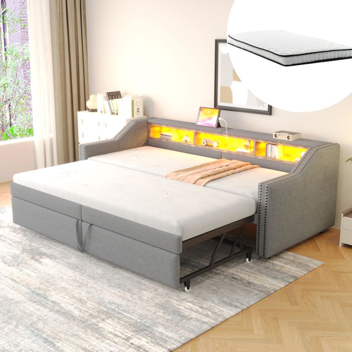 Canapé-lit convertible - KOMHTOM - 90x200/180x200cm - LED & USB - Rangement intégré - Sommier à lattes 2 matelas Canapé-lit convertible - KOMHTOM - 90x200/180x200cm - LED & USB - Rangement intégré - Sommier à lattes 2 matelas