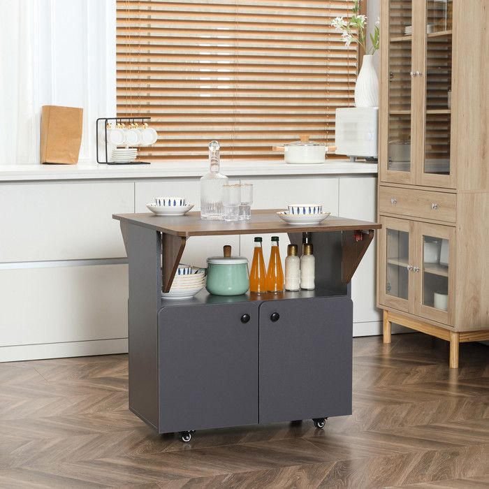 Table pliante roulante - 2 plateaux rabattables - Compartiment de rangement - 4 roulettes (2 freins) - Gris