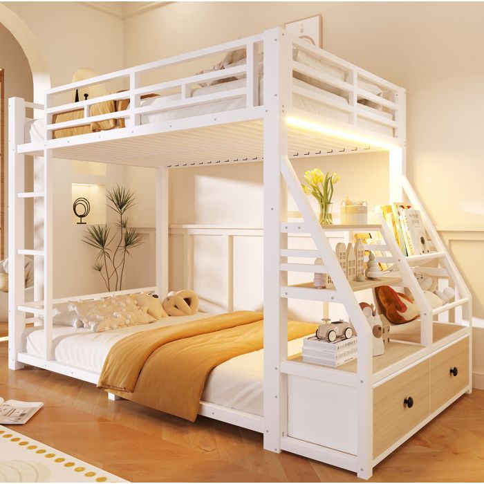 Lit superposé en métal blanc 90 x 200 cm avec LED intégrée 2 tiroirs en tissu et rangements