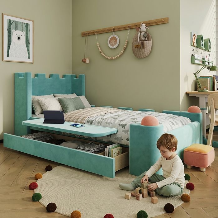 Lit enfant rembourré - Design château ludique - Tablette latérale rabattable - Grand tiroir de rangement