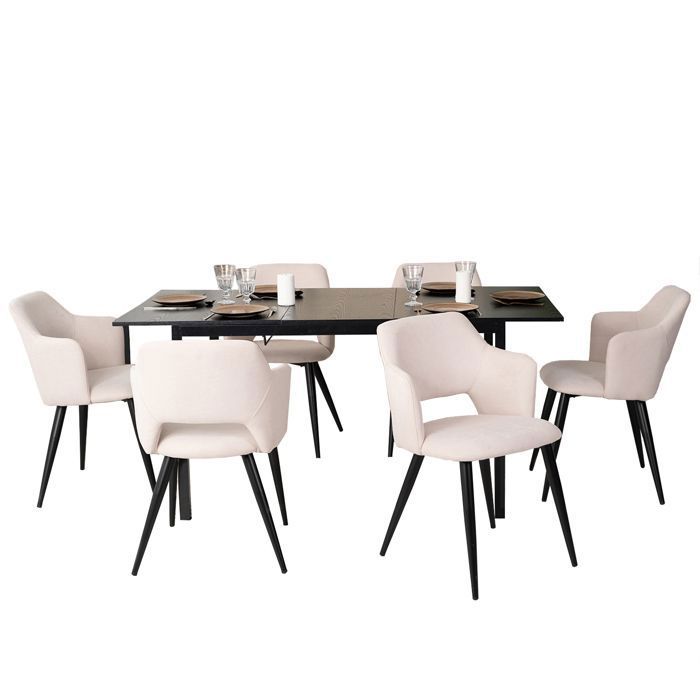 MEUBLES COSY Ensemble table à manger extensible noire et 6 fauteuils en tissu beige de style scandinave