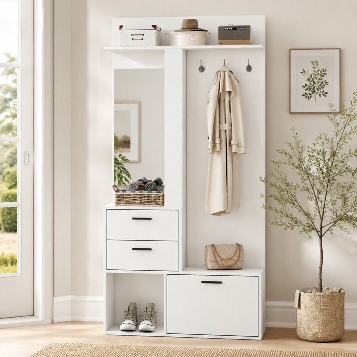 Meuble d’Entrée Vestiaire Rangement Miroir et Étagères à Chaussures Design moderne-Blanc
