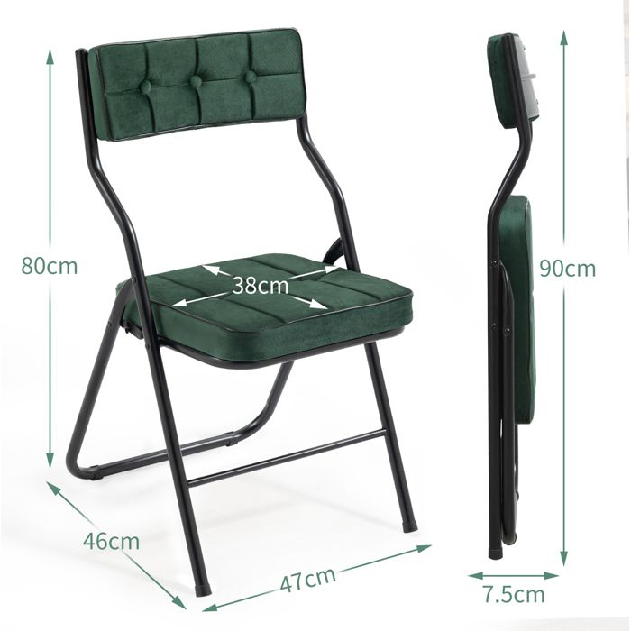 Chaise de Salle à Manger Lot de 2 Pliantes Rembourrées - ELVMI - Dossier 110° Livrées Montées Acier Velours Vert