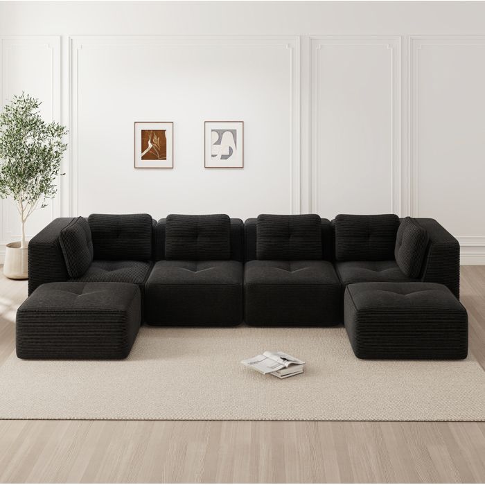 MEUBLIV Canape d angle modulable en U 4 places avec ottomans velours cotele noir sans montage