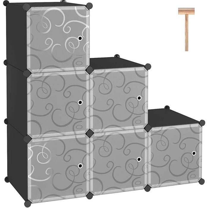 Cube de rangement 6 cases avec portes - étagère modulaire plastique 36.6L x 12.4W x 36.6H - noir
