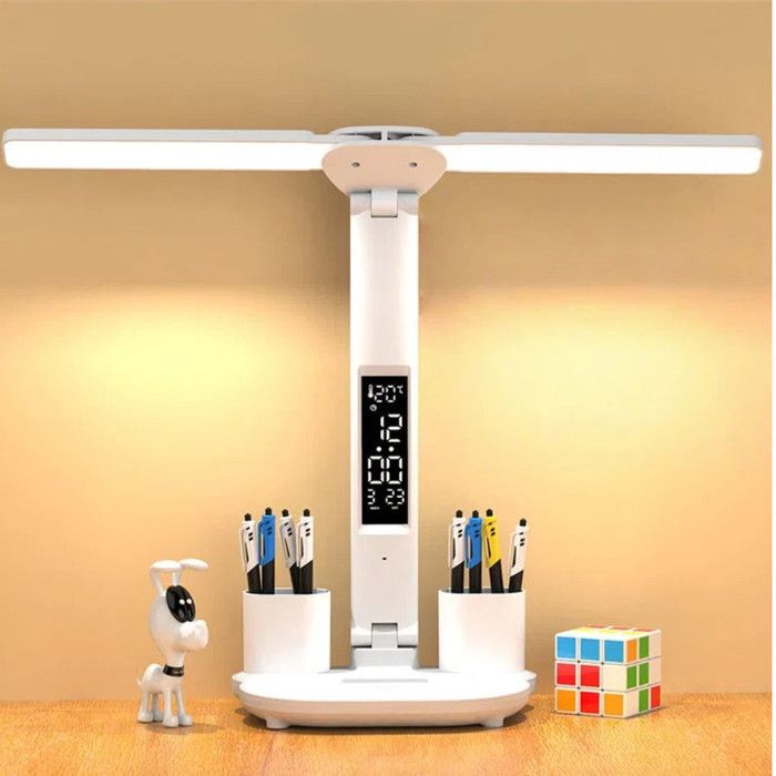 Lampe de Bureau LED Rechargeable 3200 mAh Lampe de Lecture Double Tête avec Horloge Porte-Stylos Protection des Yeux USB
