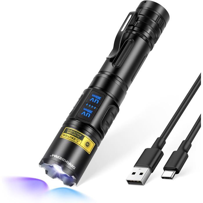 Lampe Torche UV 365nm & 395nm Double Lumière Noire Lampes de Poche LED Puissante USB Rechargeable Lampe Wood Ultraviolette