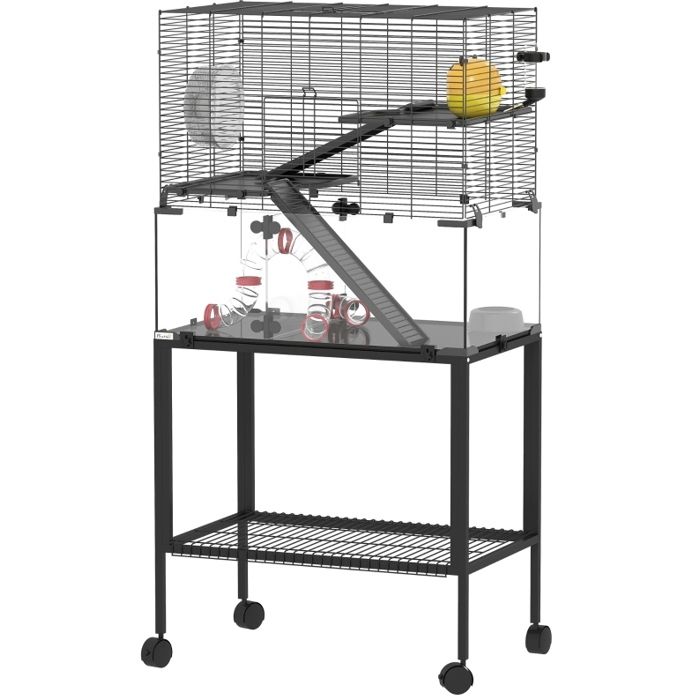 Cage pour hamster – 3 niveaux – noir – roulettes – roue d’exercice – 77 x 49 x 1305 cm