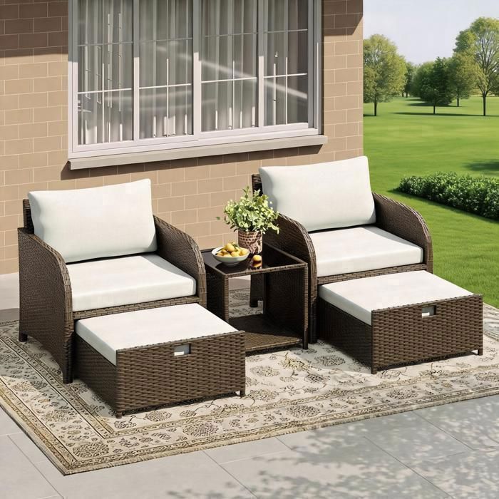 Salon de jardin 5 pièces rotin PE- 2 fauteuils 2 poufs table verre trempé coussins épais – extensionérieur terrasse balcon