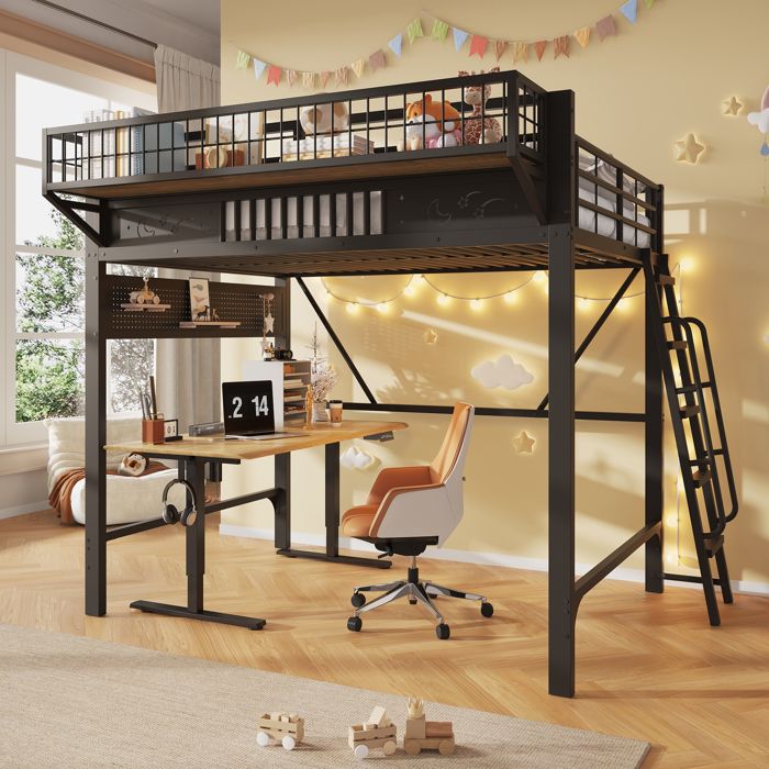 Lit mezzanine enfant 2 places 140x200 Lit adulte Lit double en fer avec rangement barrières de sécurité escalier réversible noir
