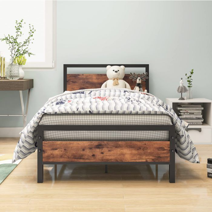 Cadre de lit marron 90 x 200 cm avec sommier à lattes rangement sous lit 27 cm métal et MDF