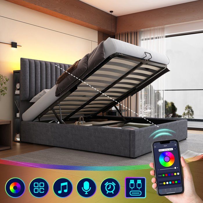 Lit coffre 140x200 avec rangement intégré LED contrôlable par app ports USB et Type-C