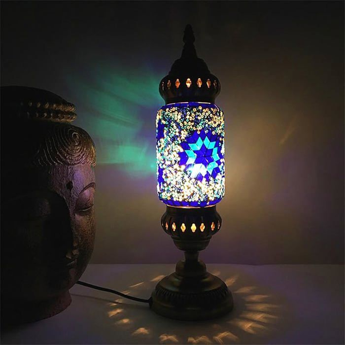 Lampe de Table Turque Marocaine Mosaïque en Verre Fait Main Base Bronze Lampe de Chevet Décorative LED Bleu blue LAMPE A POSER