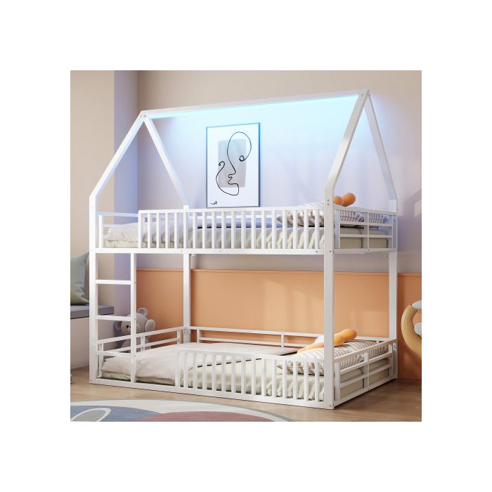 Lit Superposé Cabane 140x200 cm en Métal Lit Enfant avec Barrière LED 7 Couleurs Structure Blanche 24 Lattes