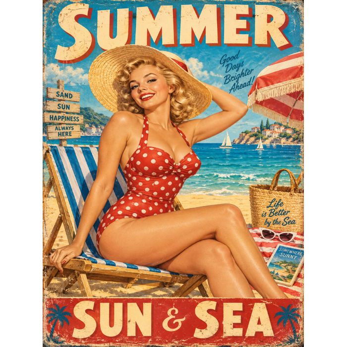 Plaque métal décorative - Plaque Métal Summer Sun & Sea – Pin-up Plage Vintage - 15x20 cm