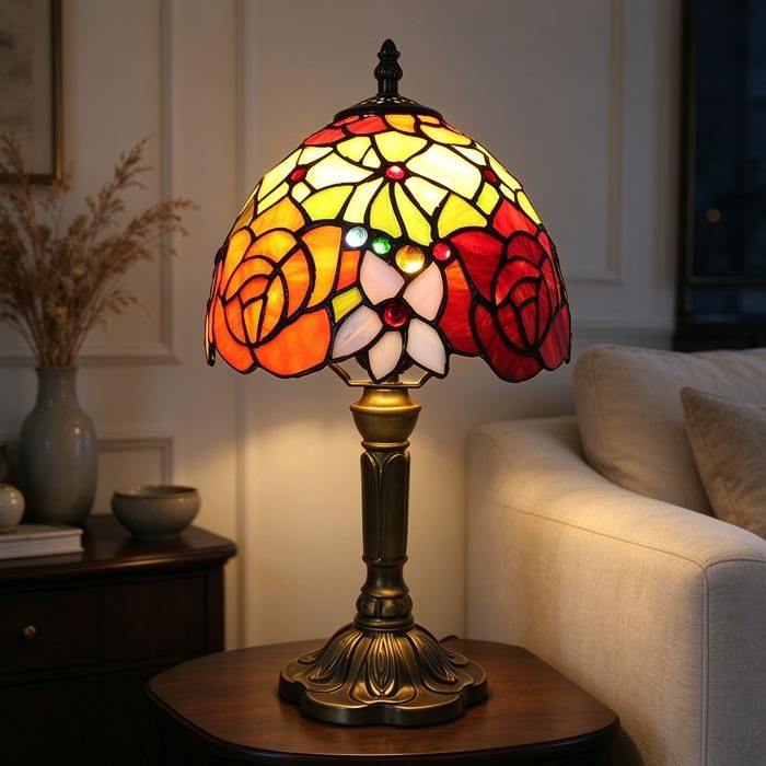 Lampe de Table Tiffany 20 cm - Abat-jour Vitrail Rose Fleur Style Rétro - Lampe de Chevet Baroque Fait Main - Douille E27