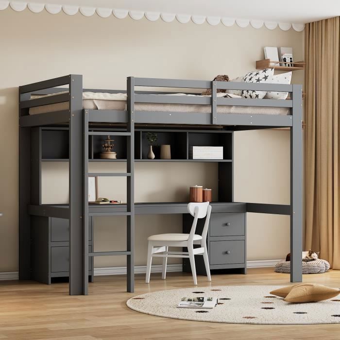 lit mezzanine enfant 90x200 cm avec tiroirs et bureau, barrières latérales hautes - bois de pin -aapaas - gris