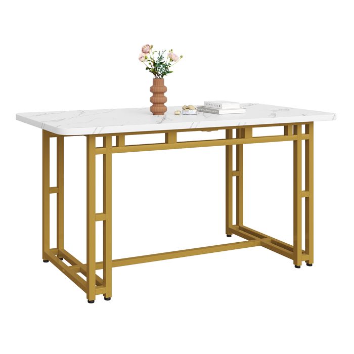 Table à Manger Rectangulaire120x70x74cmStyle ScandinaveTable de cuisinePlateaux en MDF Aspect BoisPieds en MétalBlanc/Doré