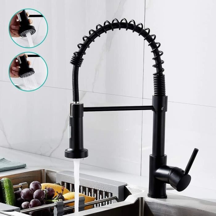 Évier Cuisine 1 Bac 55*45CM Noir+Robinet De Cuisine à Ressort Avec Douchette Extensible,2 Modes