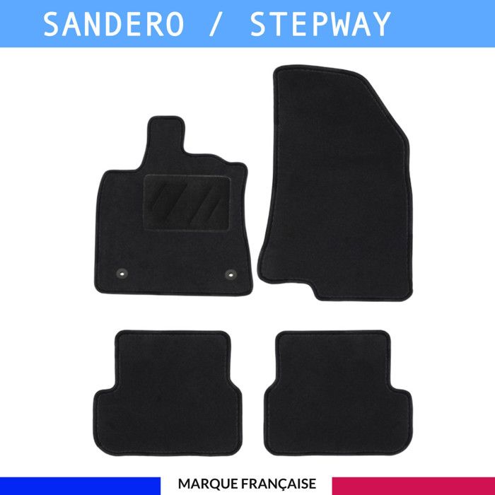 Tapis de sol voiture - Sur mesure pour Dacia SANDERO / STEPWAY dès 01/2021 - Moquette Antidérapante - Clips et Scratch - 4 pièces