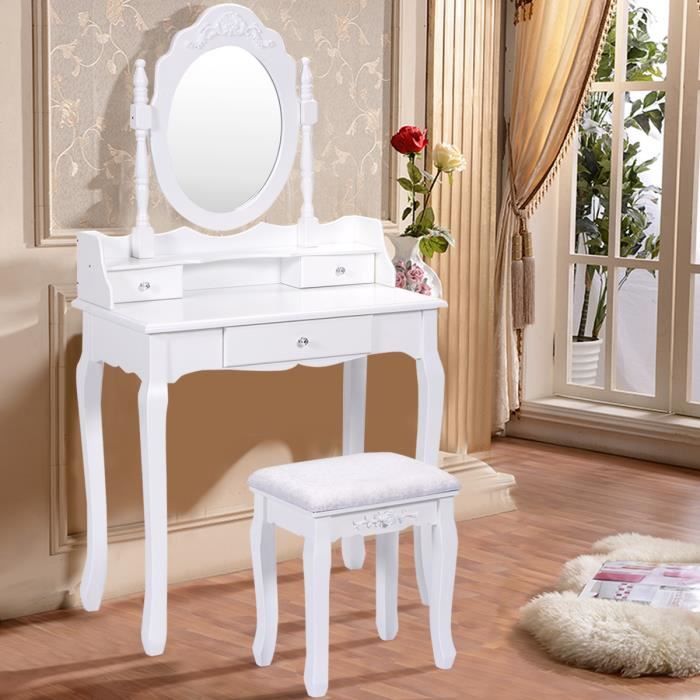 coiffeuse + tabouret avec miroir table de maquillage chambre 3 tiroirs blanc mdf