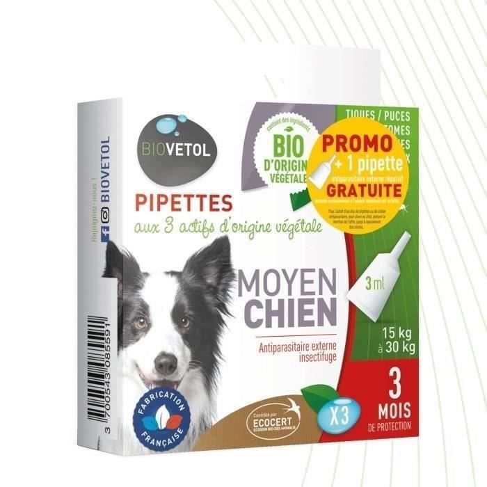 Comparer les prix de Pipettes Antiparasitaires Chien - Bio Certifié Ecocert - Anti-puces, Anti-Tiques - Moyen Chien (de 15 à 30 kgs) - 3 + 1 x 1,5 ML