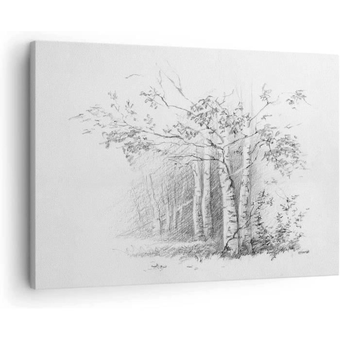 Tableau Peinture Sur Toile - Forêt D'automne Avec Rivière & Bouleaux - Style Vintage - Déco Murale