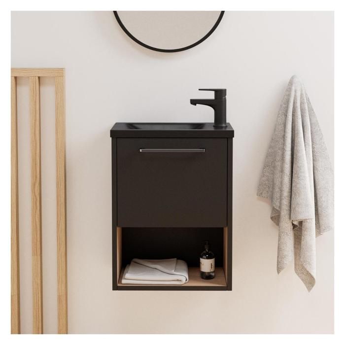 Meuble lave-mains noir extérieur décor chêne intérieur vasque noire NIKA avec robinet chromé Noir