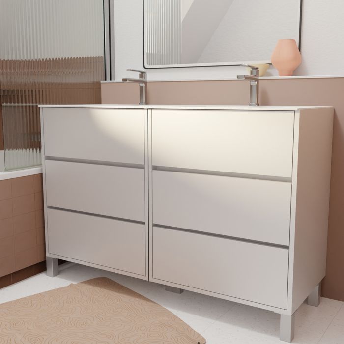 Pack Meuble Salle de Bains 120 cm Laqué Blanc 6 tiroirs avec Vasque Céramique - XENOS