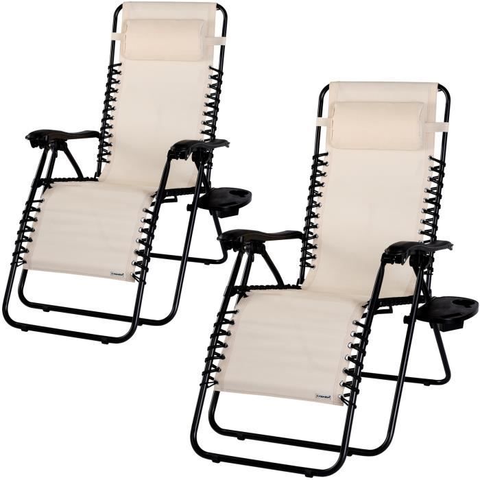 2x Chaises longues de jardin inclinables Chaise pliable avec portegobelet appuitête Fauteuil
