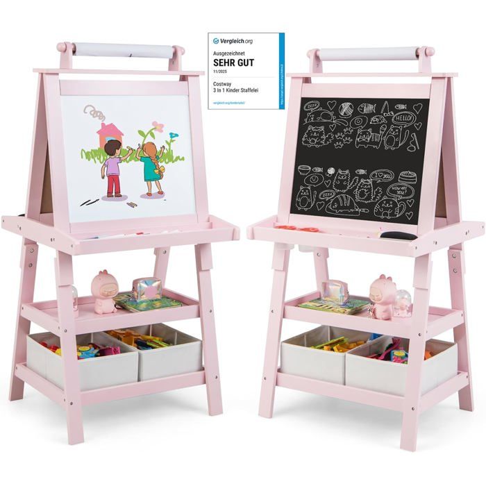 OLAKIDS Chevalet 4 en 1 pour Enfants avec Motif Marbre, Tableau Blanc Magnétique, Tableau Noir, Rouleau de Papier à Dessin, Hauteur Réglable à 6 Niveaux pour Tout-Petits de 3 à 10 Ans