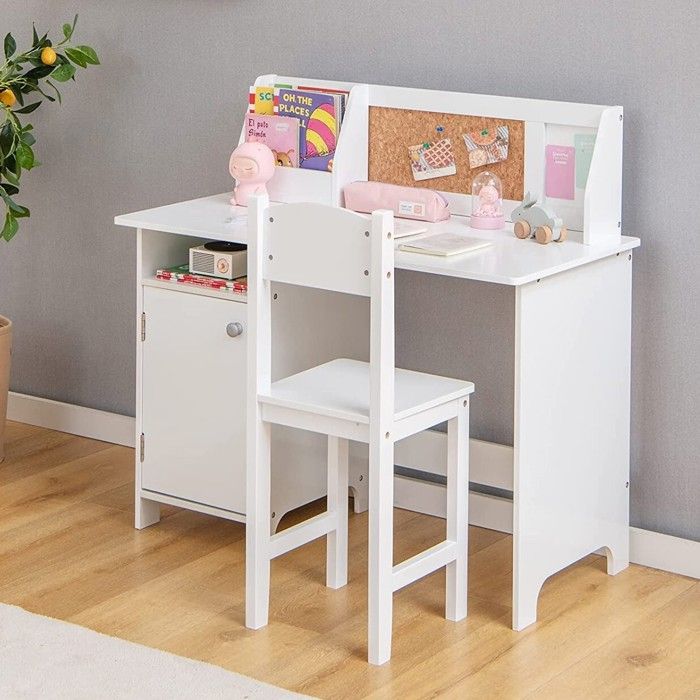 DREAMADE Ensemble Bureau et Chaise Enfants Bureau dEtude avec Armoire de Rangement et Clapier Tableau Blanc et Marqueur Blanc