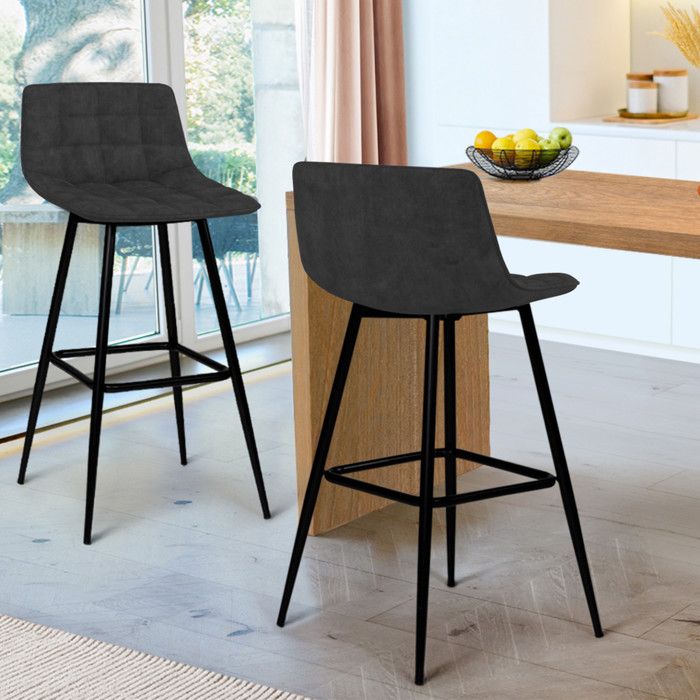 IDMARKET Lot de 2 tabourets de bar MADY en velours noir IDMARKET Lot de 2 tabourets de bar MADY en velours noir