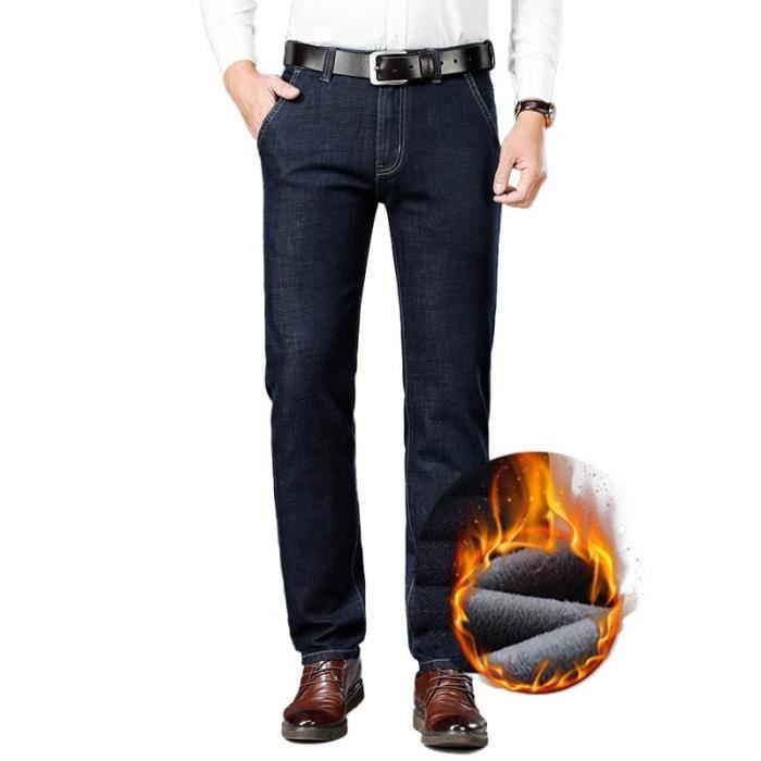 Jeans Homme Hiver Coupe Droite Double Polaire Chaud Pantalon En Denim Taille Haute 5 Poches Effet Delave Bleu fonce Cdiscount Pret a Porter