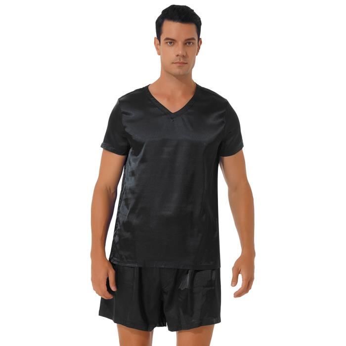 iixpin Ensemble de Pyjama Short Homme Satin T shirt Short Calecon Ete Loungewear M XXL Noir
