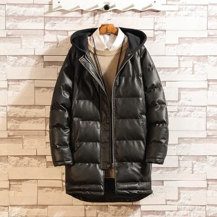 Manteau Caban Hiver Homme Mi-long Épaissi Capuche Cuir
