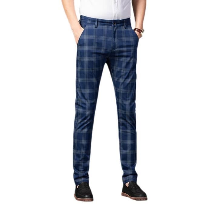 Homme Carreaux Slim Fit Pantalon Decontracte Long Pantalon Taille Elastique Raye Casual Lache Confortable Long Pants Bleu Bleu Cdiscount Pret a Porter
