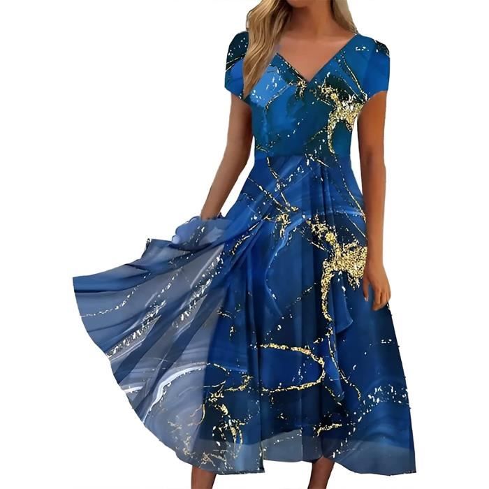 Robe Midi Femme Chic Et Elegant Midi Mode Mi Longue Robe Ete Decontracte Midi Robes San Manche Lache Impression de Soiree Azur Azur Cdiscount Pret a Porter