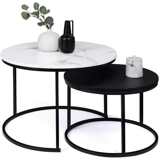 2 Tables Basses Gigognes Industrielles IDMarket - Rondes 54/70 Cm - Métal Noir Mat